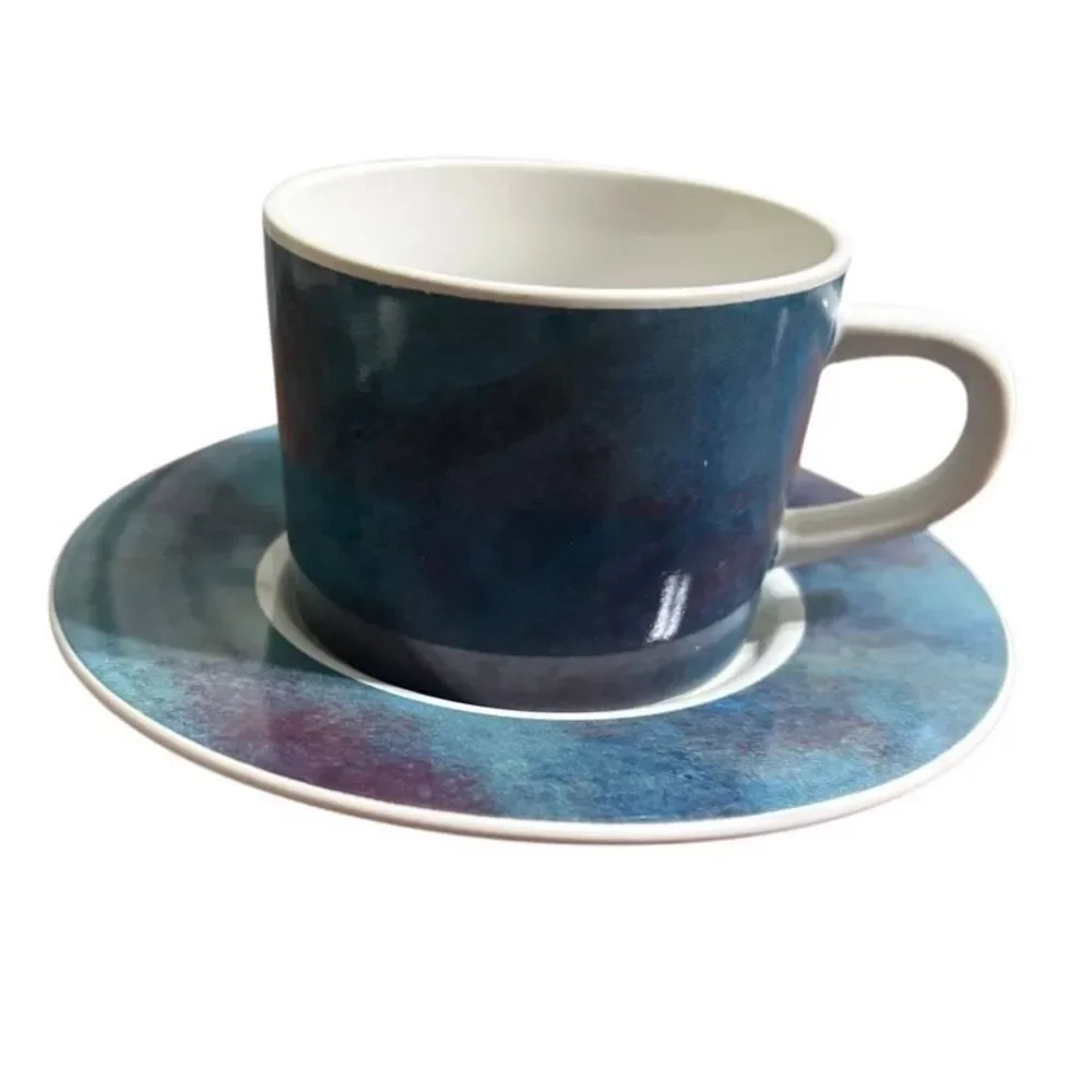 Vintage Stoneware Japan Blue Purple Abstract Tea Cup & Saucer Set